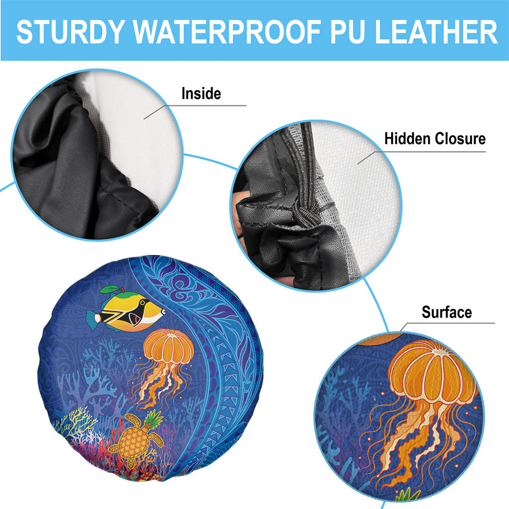 Hawaiian Funny Fruits Sea Animals Spare Tire Cover Mango Reef Triggerfish and Pineapple Turtle and Mandarin Jellyfish LT03 - Polynesian Pride