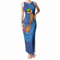 Hawaiian Funny Fruits Sea Animals Tank Maxi Dress Mango Reef Triggerfish and Pineapple Turtle and Mandarin Jellyfish LT03 Women Blue - Polynesian Pride