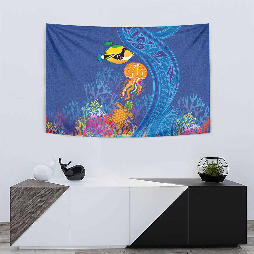 Hawaiian Funny Fruits Sea Animals Tapestry Mango Reef Triggerfish and Pineapple Turtle and Mandarin Jellyfish LT03 - Polynesian Pride