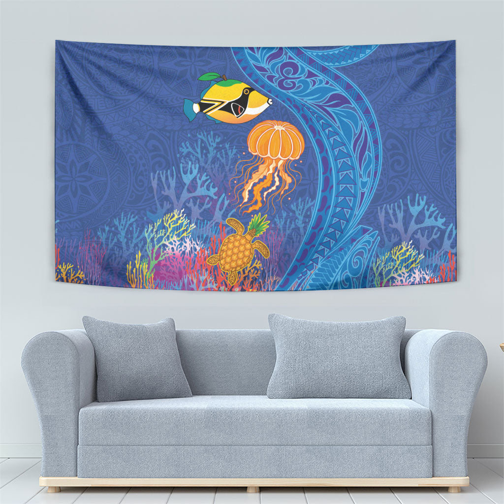 Hawaiian Funny Fruits Sea Animals Tapestry Mango Reef Triggerfish and Pineapple Turtle and Mandarin Jellyfish LT03 - Polynesian Pride