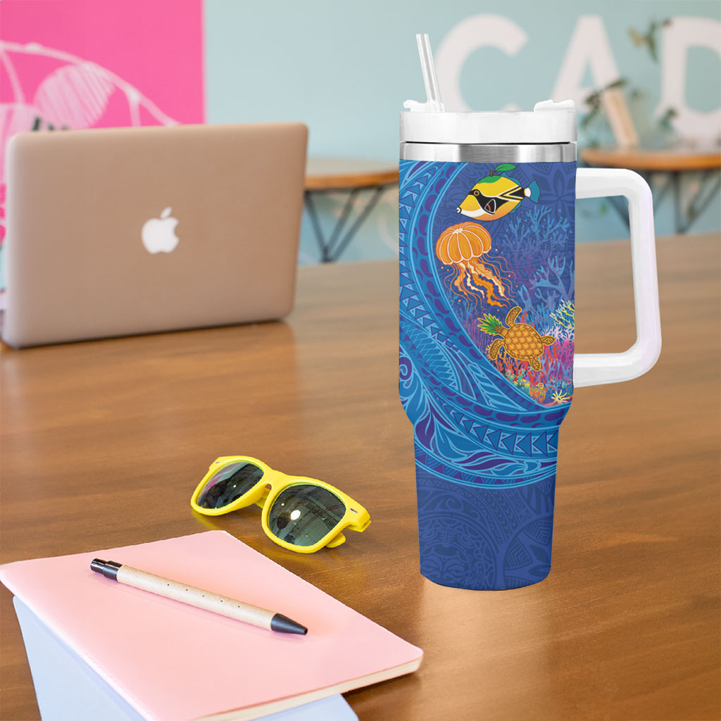Hawaiian Funny Fruits Sea Animals Tumbler With Handle Mango Reef Triggerfish and Pineapple Turtle and Mandarin Jellyfish LT03 - Polynesian Pride