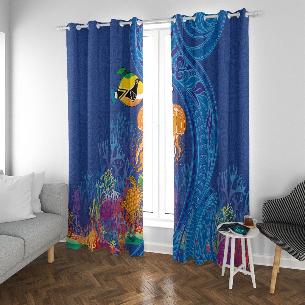 Hawaiian Funny Fruits Sea Animals Window Curtain Mango Reef Triggerfish and Pineapple Turtle and Mandarin Jellyfish LT03 With Grommets Blue - Polynesian Pride