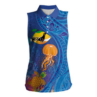 Hawaiian Funny Fruits Sea Animals Women Sleeveless Polo Shirt Mango Reef Triggerfish and Pineapple Turtle and Mandarin Jellyfish LT03 Female Blue - Polynesian Pride