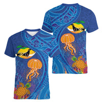 Hawaiian Funny Fruits Sea Animals Women V-Neck T-Shirt Mango Reef Triggerfish and Pineapple Turtle and Mandarin Jellyfish LT03 - Polynesian Pride