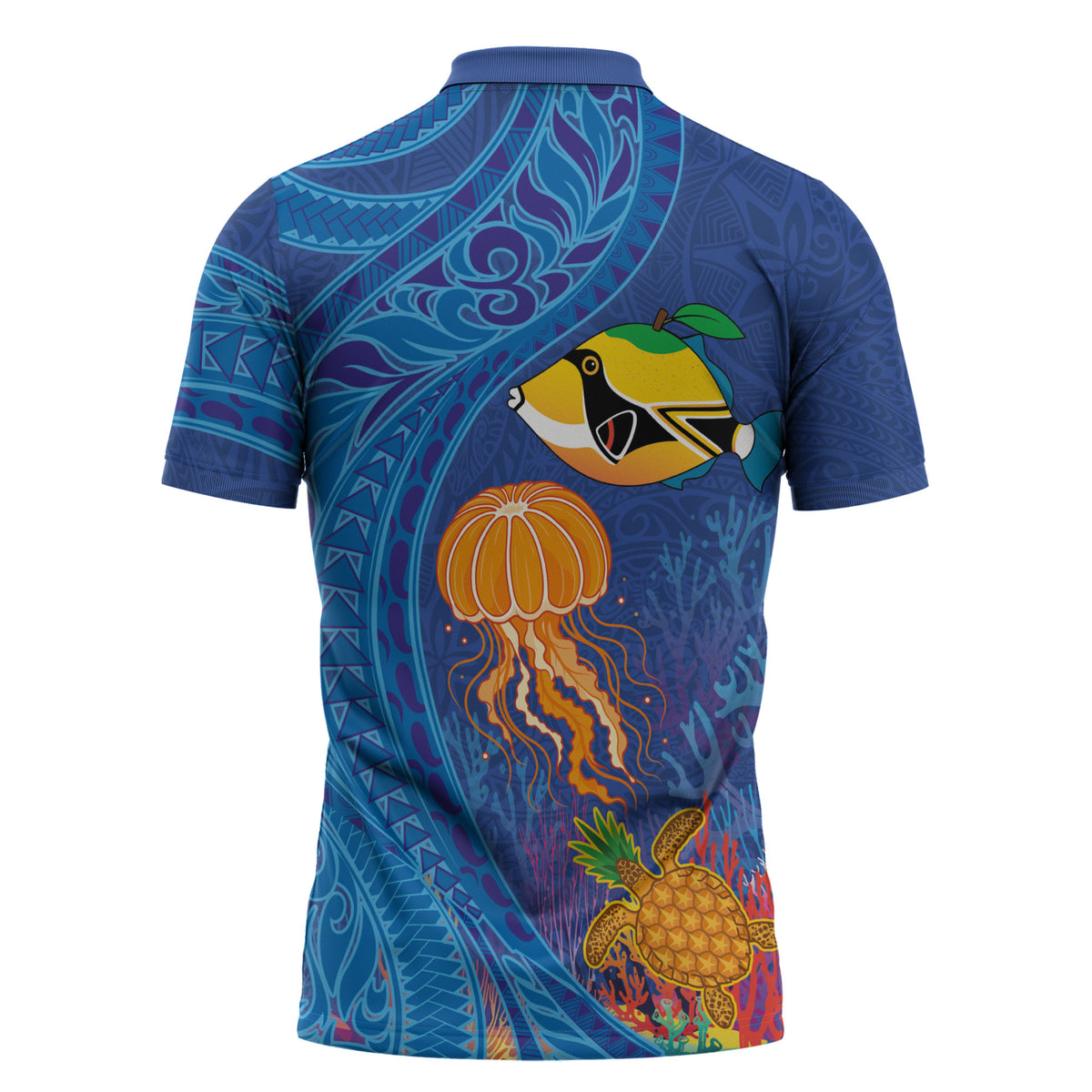 Hawaiian Funny Fruits Sea Animals Zipper Polo Shirt Mango Reef Triggerfish and Pineapple Turtle and Mandarin Jellyfish LT03 - Polynesian Pride