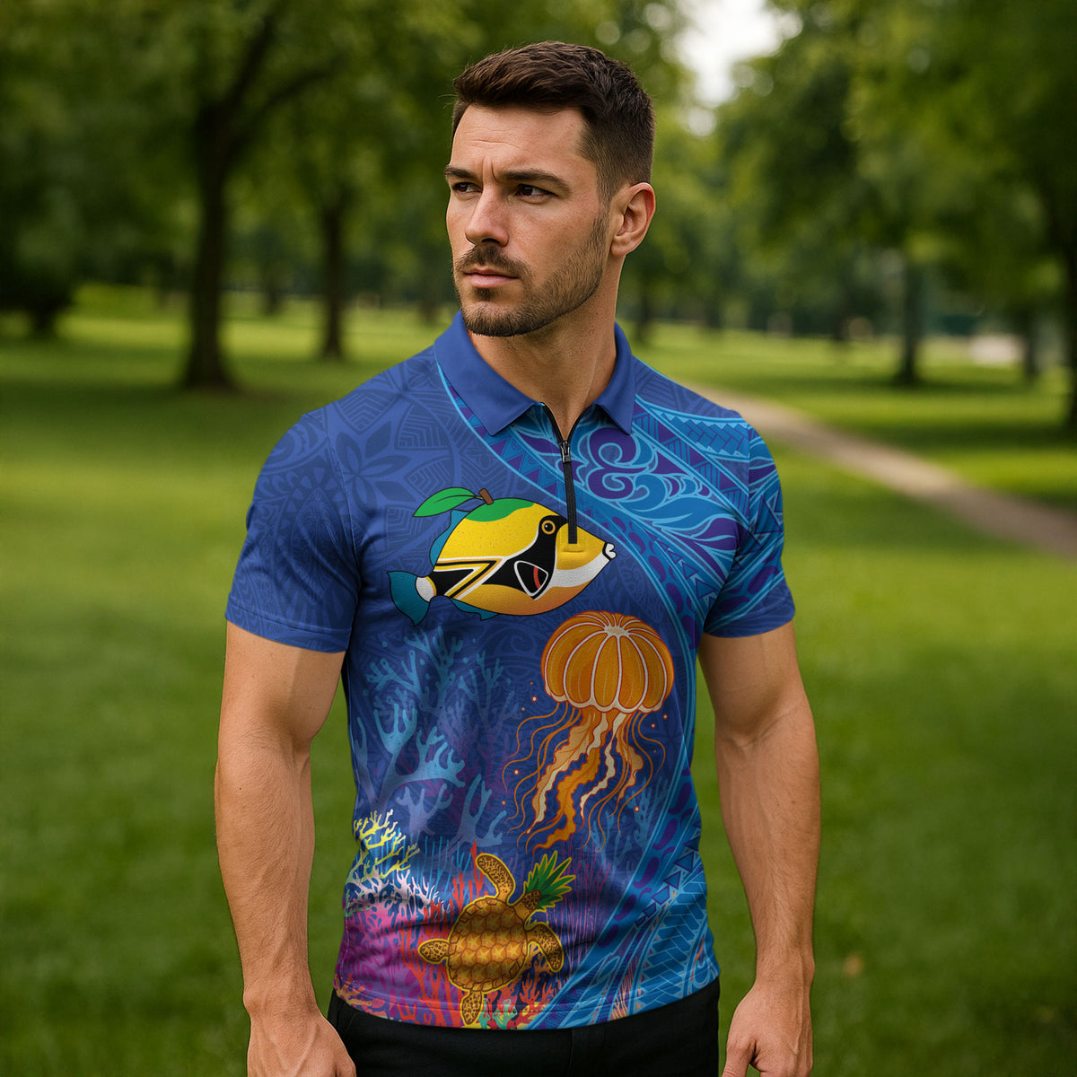 Hawaiian Funny Fruits Sea Animals Zipper Polo Shirt Mango Reef Triggerfish and Pineapple Turtle and Mandarin Jellyfish LT03 - Polynesian Pride