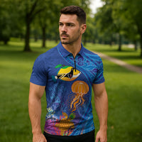 Hawaiian Funny Fruits Sea Animals Zipper Polo Shirt Mango Reef Triggerfish and Pineapple Turtle and Mandarin Jellyfish LT03 - Polynesian Pride