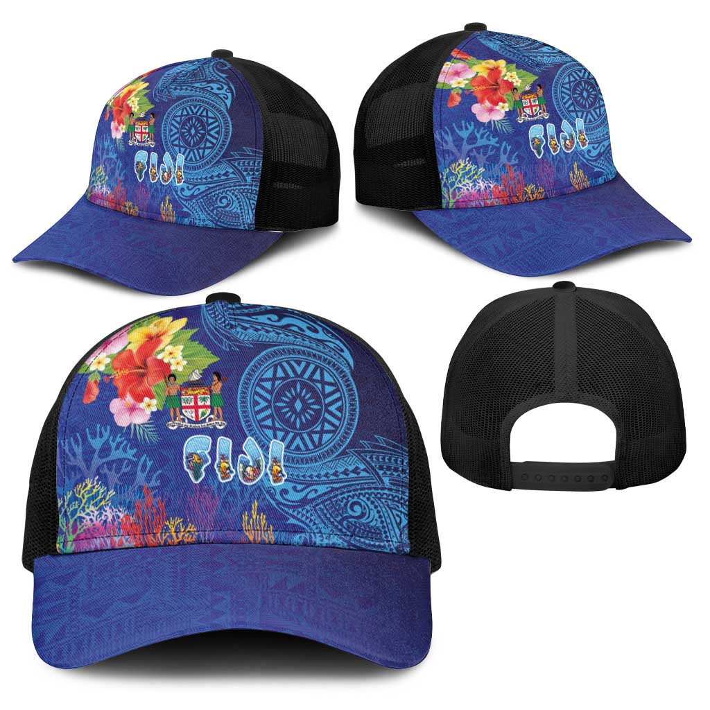 Fiji Day Baseball Net Cap Coral Reef with Tapa Motifs and Hibiscus Ocean Vibe LT03 - Polynesian Pride