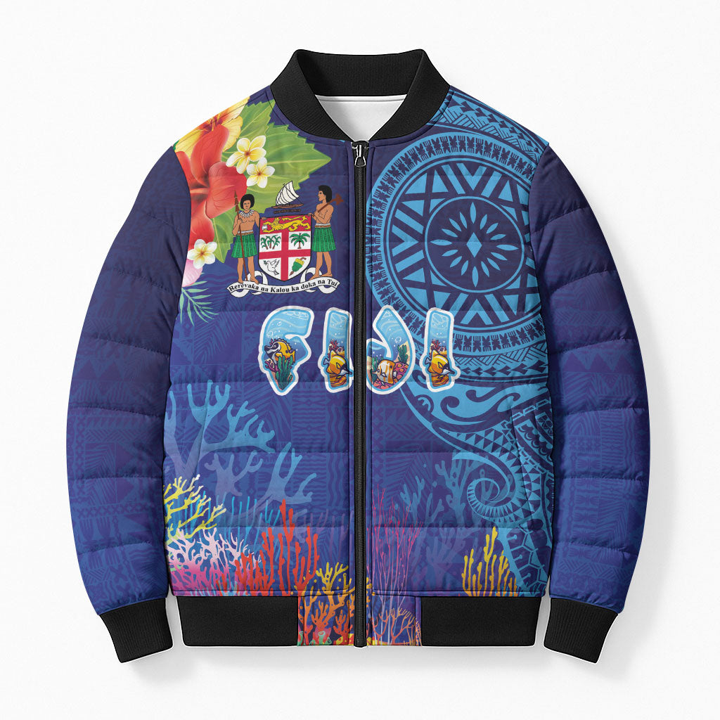 Fiji Day Bomber Puffer Jacket Coral Reef with Tapa Motifs and Hibiscus Ocean Vibe LT03 Unisex Blue - Polynesian Pride