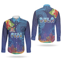 Fiji Day Couples Matching Long Sleeve Bodycon Dress and Long Sleeve Button Shirt Coral Reef with Tapa Motifs and Hibiscus Ocean Vibe LT03 - Polynesian Pride