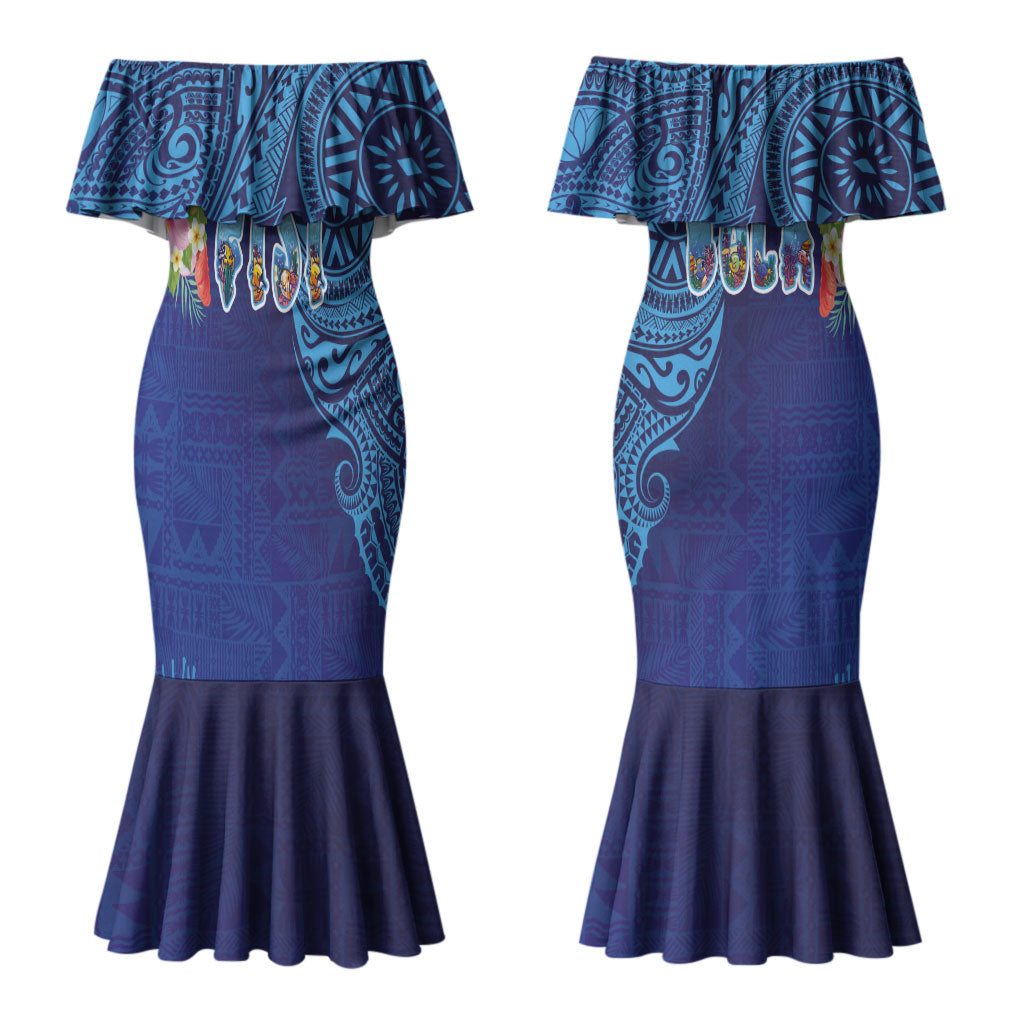 Fiji Day Couples Matching Mermaid Dress and Long Sleeve Button Shirt Coral Reef with Tapa Motifs and Hibiscus Ocean Vibe LT03 - Polynesian Pride