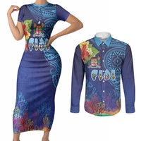 Fiji Day Couples Matching Short Sleeve Bodycon Dress and Long Sleeve Button Shirt Coral Reef with Tapa Motifs and Hibiscus Ocean Vibe LT03 Blue - Polynesian Pride
