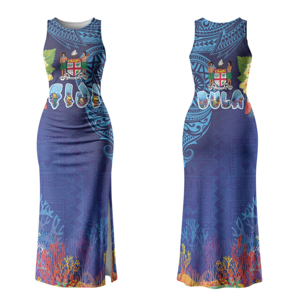 Fiji Day Couples Matching Tank Maxi Dress and Hawaiian Shirt Coral Reef with Tapa Motifs and Hibiscus Ocean Vibe LT03 - Polynesian Pride