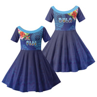 Fiji Day Family Matching Long Sleeve Bodycon Dress and Hawaiian Shirt Coral Reef with Tapa Motifs and Hibiscus Ocean Vibe LT03 Daughter's Dress Blue - Polynesian Pride