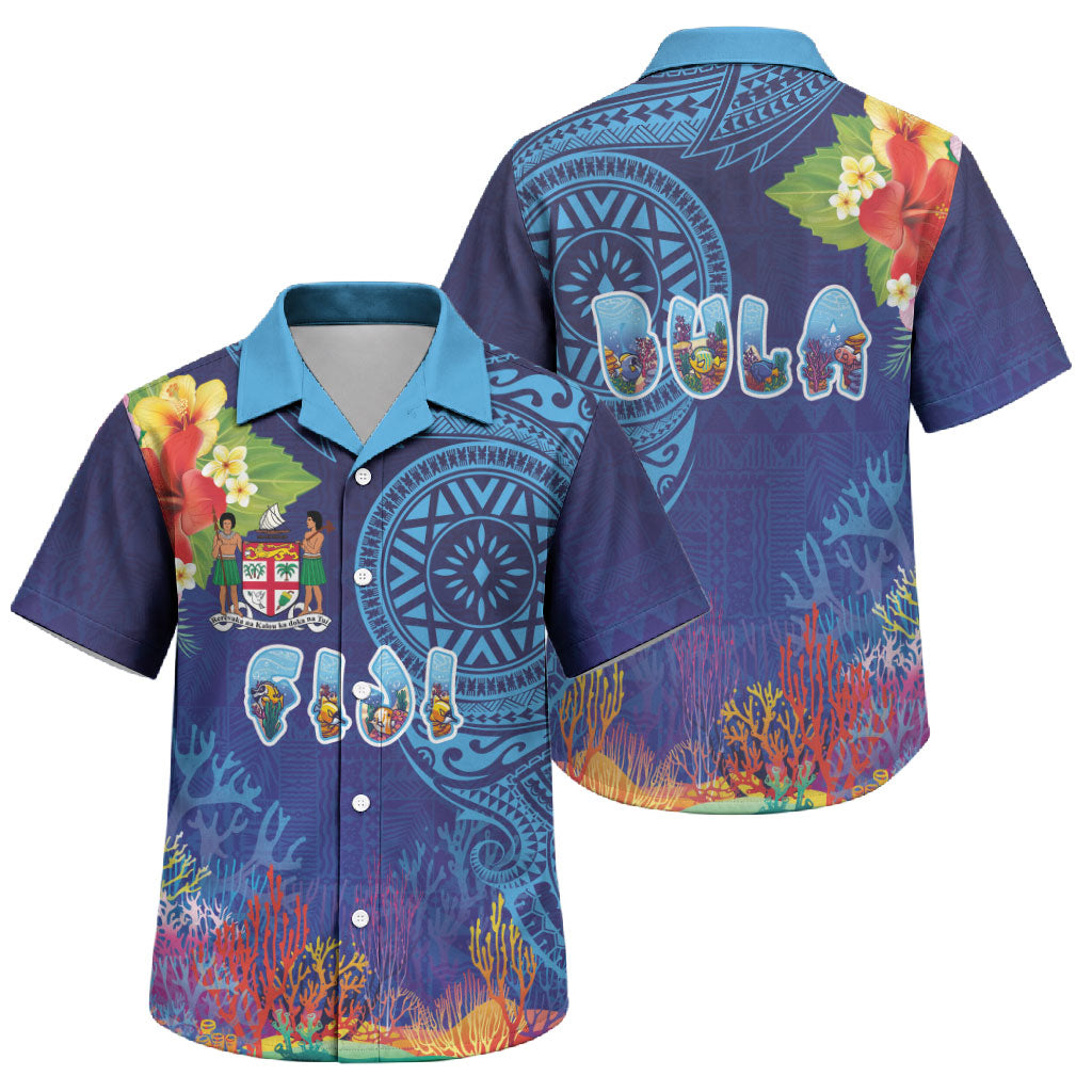 Fiji Day Family Matching Mermaid Dress and Hawaiian Shirt Coral Reef with Tapa Motifs and Hibiscus Ocean Vibe LT03 Son's Shirt Blue - Polynesian Pride