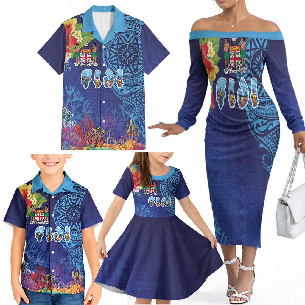 Fiji Day Family Matching Off The Shoulder Long Sleeve Dress and Hawaiian Shirt Coral Reef with Tapa Motifs and Hibiscus Ocean Vibe LT03 - Polynesian Pride