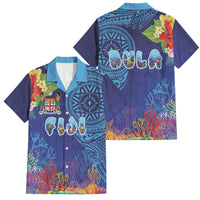 Fiji Day Family Matching Off The Shoulder Long Sleeve Dress and Hawaiian Shirt Coral Reef with Tapa Motifs and Hibiscus Ocean Vibe LT03 Dad's Shirt - Short Sleeve Blue - Polynesian Pride