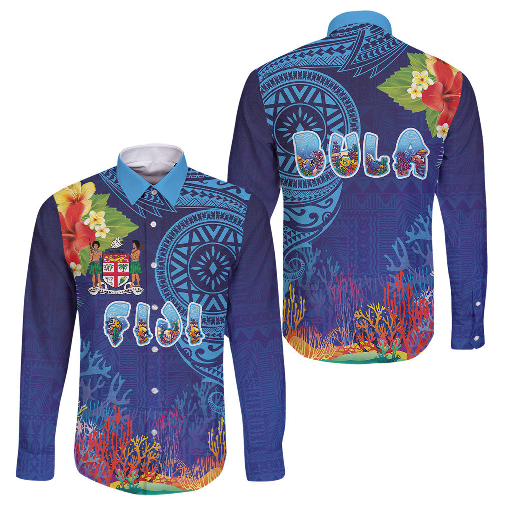 Fiji Day Family Matching Off The Shoulder Long Sleeve Dress and Hawaiian Shirt Coral Reef with Tapa Motifs and Hibiscus Ocean Vibe LT03 Dad's Shirt - Long Sleeve Blue - Polynesian Pride