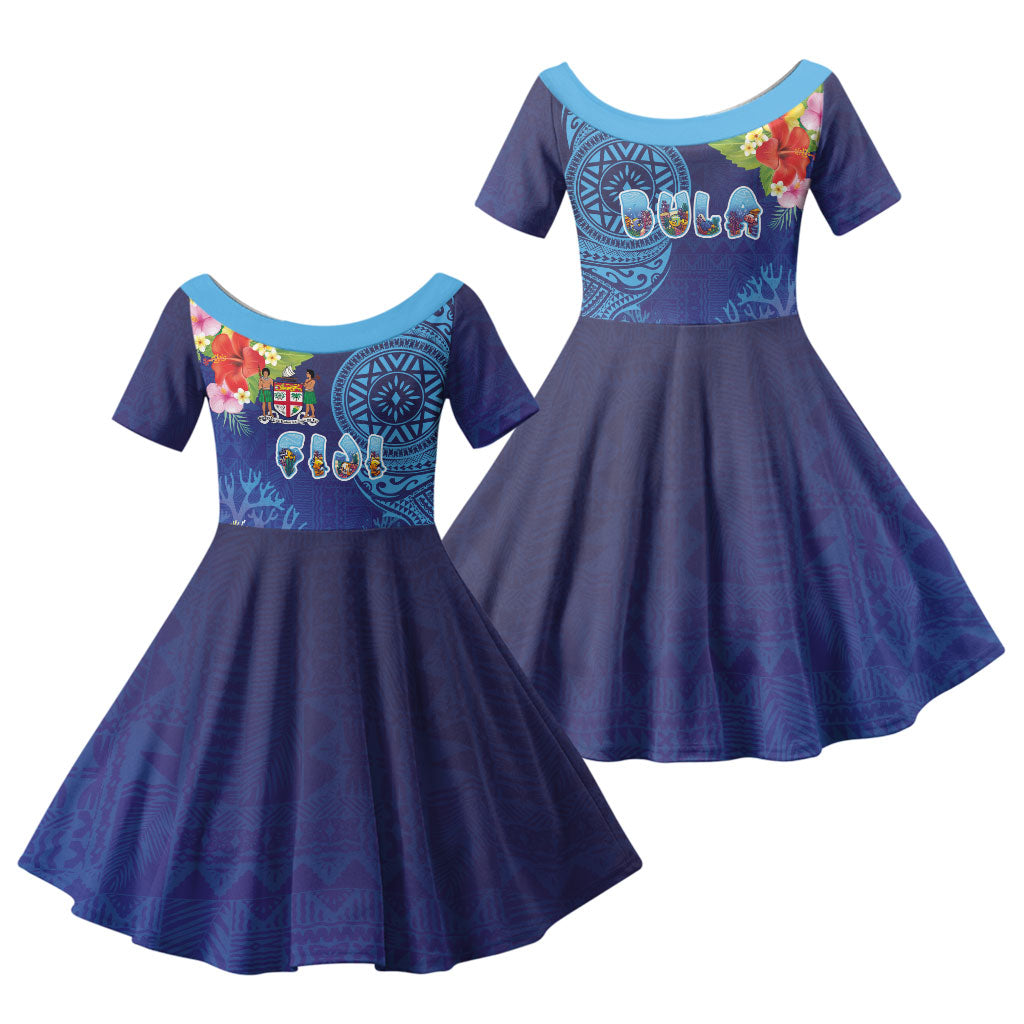 Fiji Day Family Matching Off The Shoulder Long Sleeve Dress and Hawaiian Shirt Coral Reef with Tapa Motifs and Hibiscus Ocean Vibe LT03 Daughter's Dress Blue - Polynesian Pride
