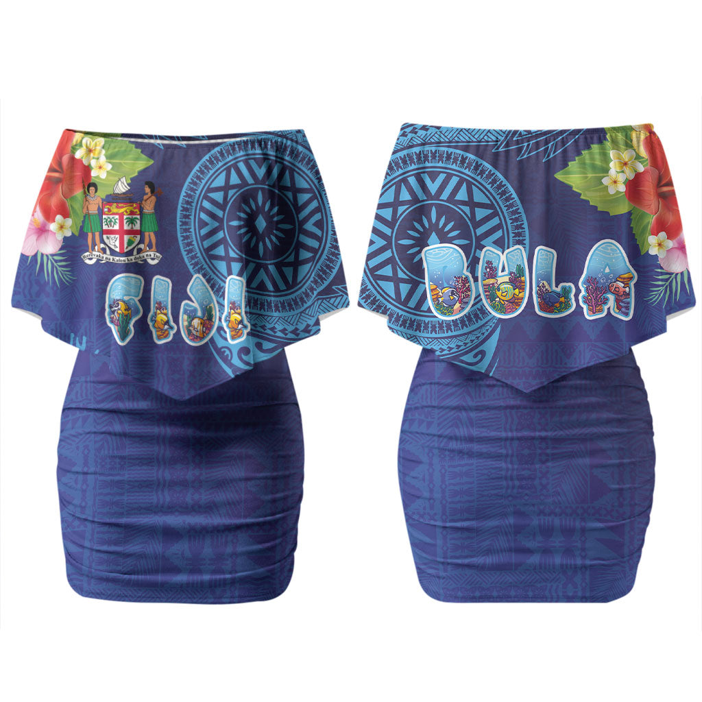 Fiji Day Family Matching Off Shoulder Short Dress and Hawaiian Shirt Coral Reef with Tapa Motifs and Hibiscus Ocean Vibe LT03 Mom's Dress Blue - Polynesian Pride