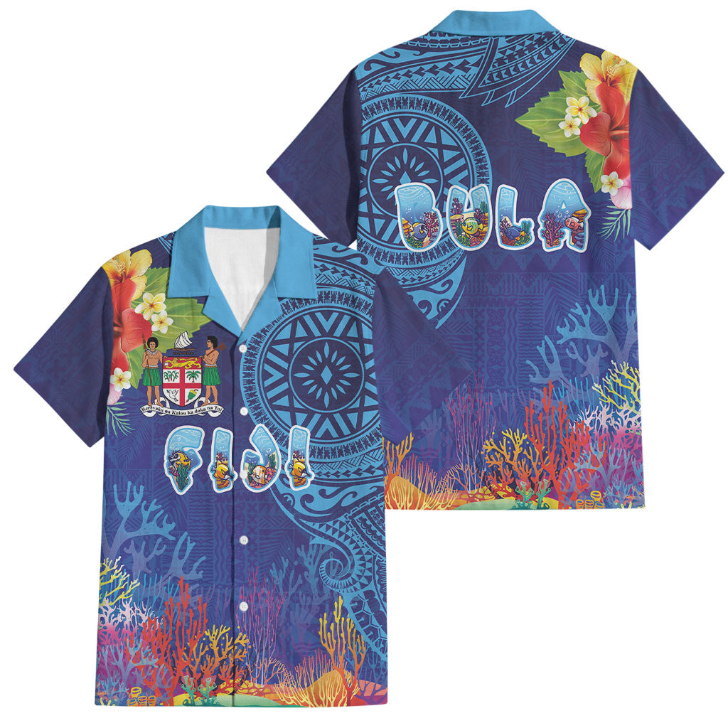Fiji Day Family Matching Short Sleeve Bodycon Dress and Hawaiian Shirt Coral Reef with Tapa Motifs and Hibiscus Ocean Vibe LT03 Dad's Shirt - Short Sleeve Blue - Polynesian Pride