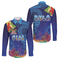 Fiji Day Family Matching Tank Maxi Dress and Hawaiian Shirt Coral Reef with Tapa Motifs and Hibiscus Ocean Vibe LT03 Dad's Shirt - Long Sleeve Blue - Polynesian Pride