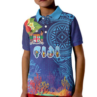 Fiji Day Kid Polo Shirt Coral Reef with Tapa Motifs and Hibiscus Ocean Vibe LT03 Kid Blue - Polynesian Pride