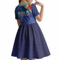Fiji Day Kid Short Sleeve Dress Coral Reef with Tapa Motifs and Hibiscus Ocean Vibe LT03 - Polynesian Pride