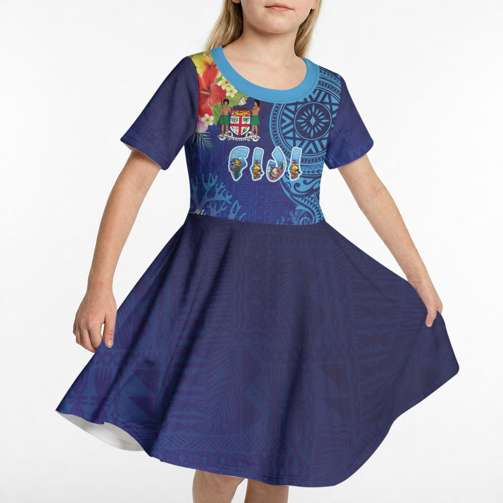 Fiji Day Kid Short Sleeve Dress Coral Reef with Tapa Motifs and Hibiscus Ocean Vibe LT03 - Polynesian Pride