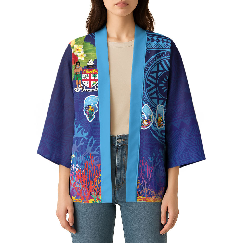 Fiji Day Kimono Coral Reef with Tapa Motifs and Hibiscus Ocean Vibe LT03 - Polynesian Pride