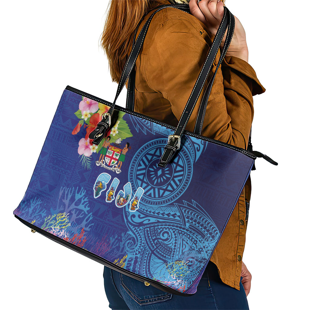 Fiji Day Leather Tote Bag Coral Reef with Tapa Motifs and Hibiscus Ocean Vibe LT03 - Polynesian Pride