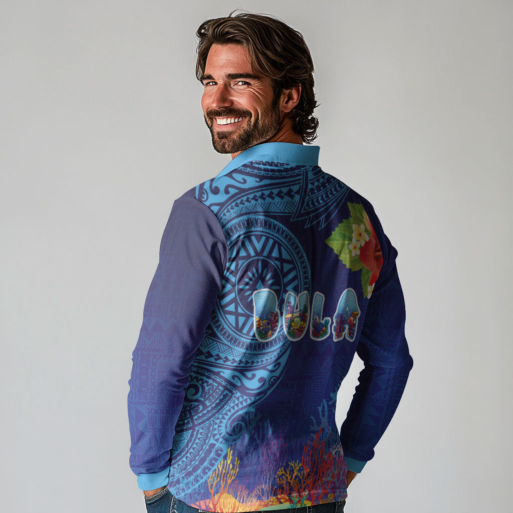 Fiji Day Long Sleeve Polo Shirt Coral Reef with Tapa Motifs and Hibiscus Ocean Vibe LT03 - Polynesian Pride