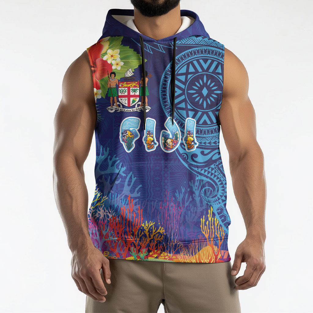 Fiji Day Sleeveless Hoodie Coral Reef with Tapa Motifs and Hibiscus Ocean Vibe LT03 - Polynesian Pride