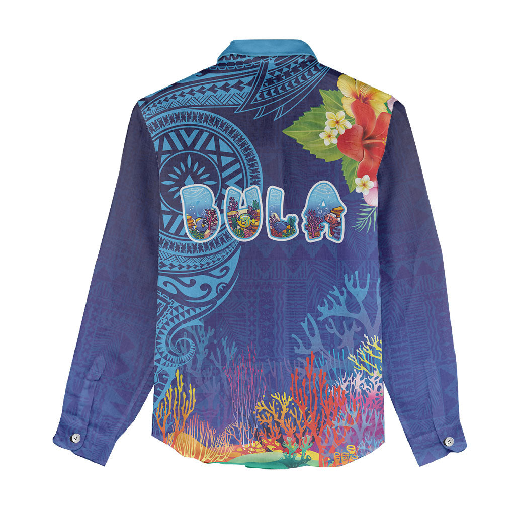Fiji Day Women Casual Shirt Coral Reef with Tapa Motifs and Hibiscus Ocean Vibe LT03 - Polynesian Pride