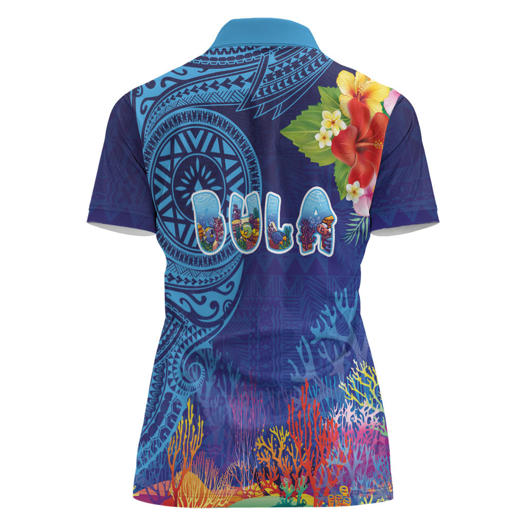 Fiji Day Women Polo Shirt Coral Reef with Tapa Motifs and Hibiscus Ocean Vibe LT03 - Polynesian Pride