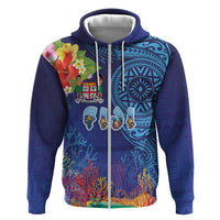 Fiji Day Zip Hoodie Coral Reef with Tapa Motifs and Hibiscus Ocean Vibe LT03 Zip Hoodie Blue - Polynesian Pride