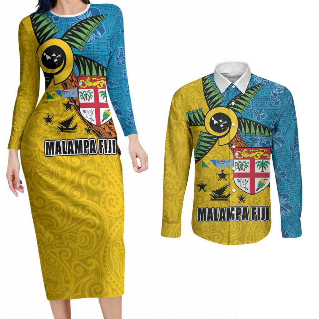 Malampa Fiji Day Couples Matching Long Sleeve Bodycon Dress and Long Sleeve Button Shirt Tapa and Melanesian Patterns with Coat of Arms LT03 Multicolor - Polynesian Pride