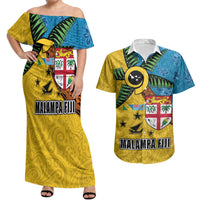 Malampa Fiji Day Couples Matching Off Shoulder Maxi Dress and Hawaiian Shirt Tapa and Melanesian Patterns with Coat of Arms LT03 Multicolor - Polynesian Pride
