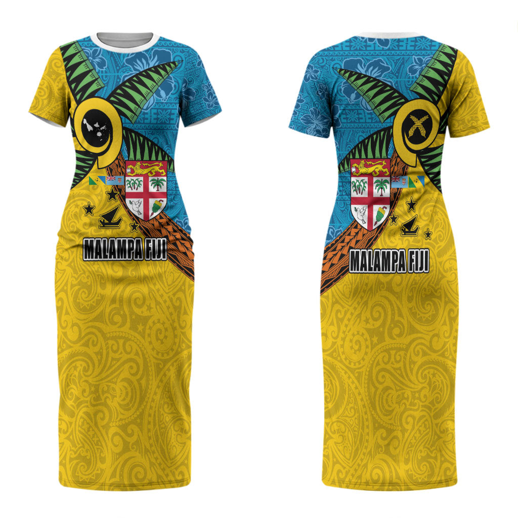 Malampa Fiji Day Couples Matching Short Sleeve Bodycon Dress and Long Sleeve Button Shirt Tapa and Melanesian Patterns with Coat of Arms LT03 - Polynesian Pride