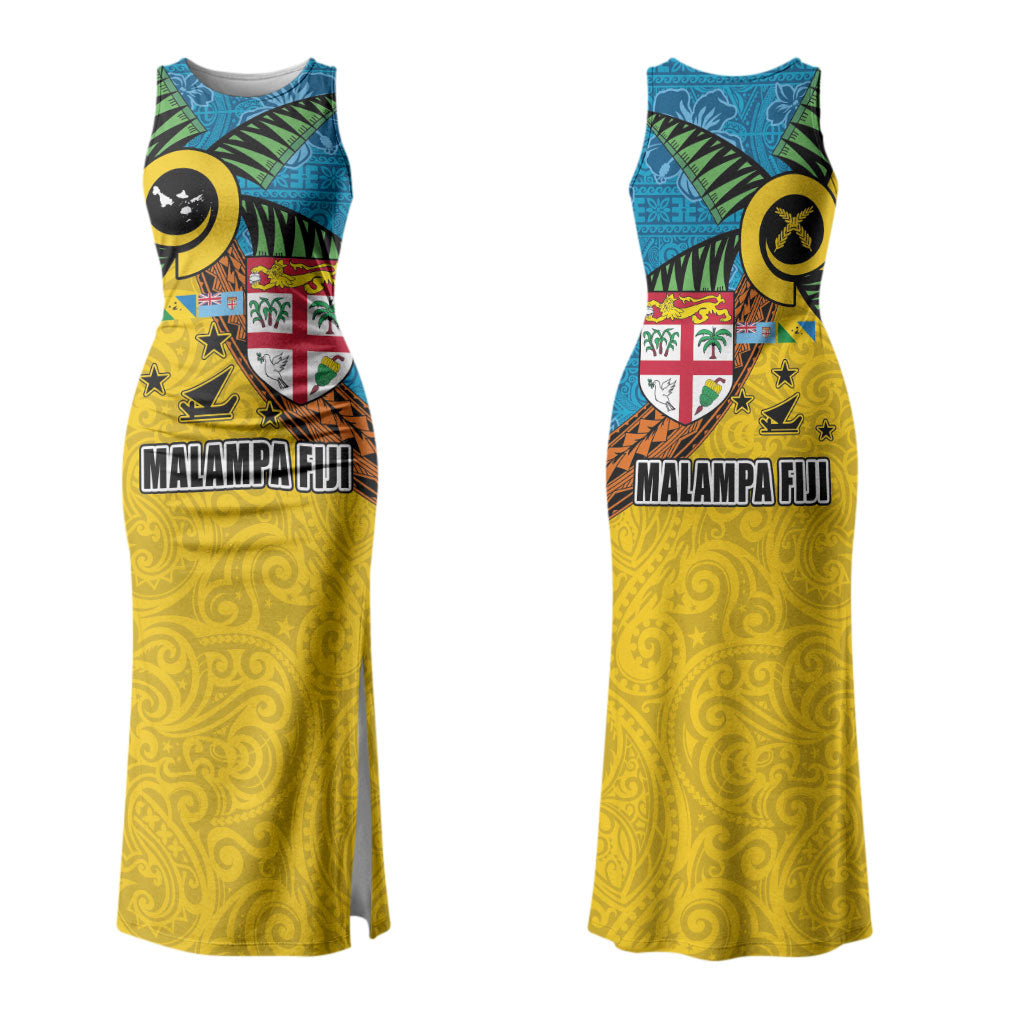 Malampa Fiji Day Couples Matching Tank Maxi Dress and Long Sleeve Button Shirt Tapa and Melanesian Patterns with Coat of Arms LT03 - Polynesian Pride