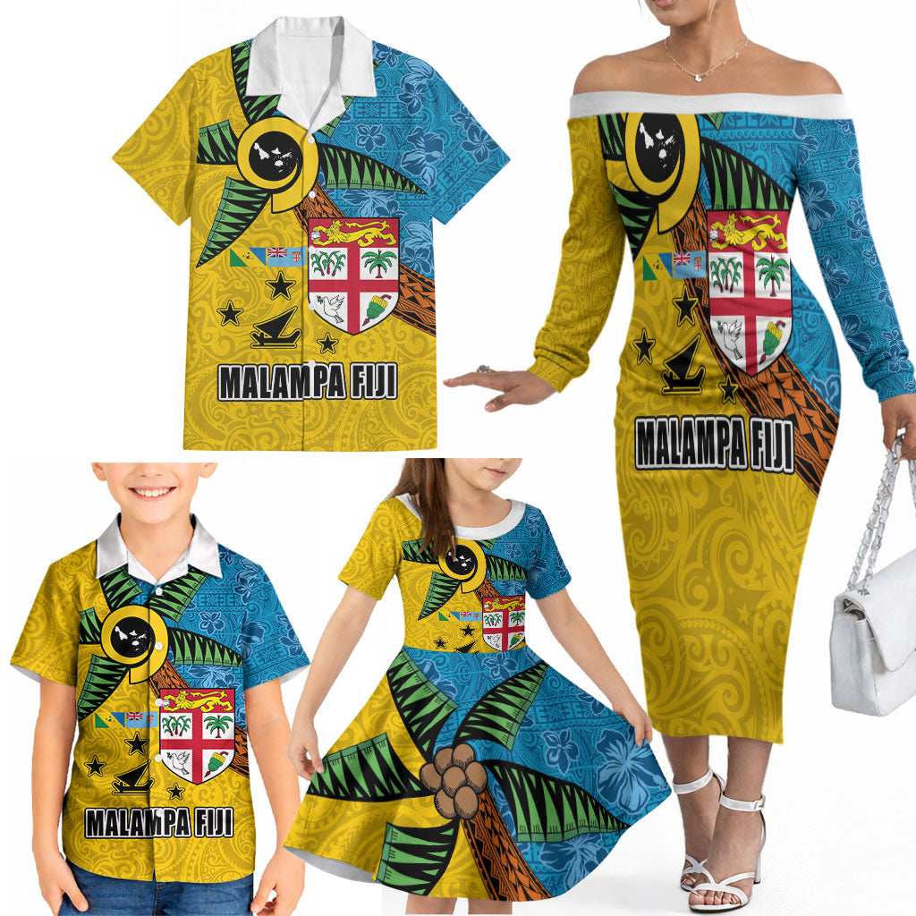 Malampa Fiji Day Family Matching Off The Shoulder Long Sleeve Dress and Hawaiian Shirt Tapa and Melanesian Patterns with Coat of Arms LT03 - Polynesian Pride