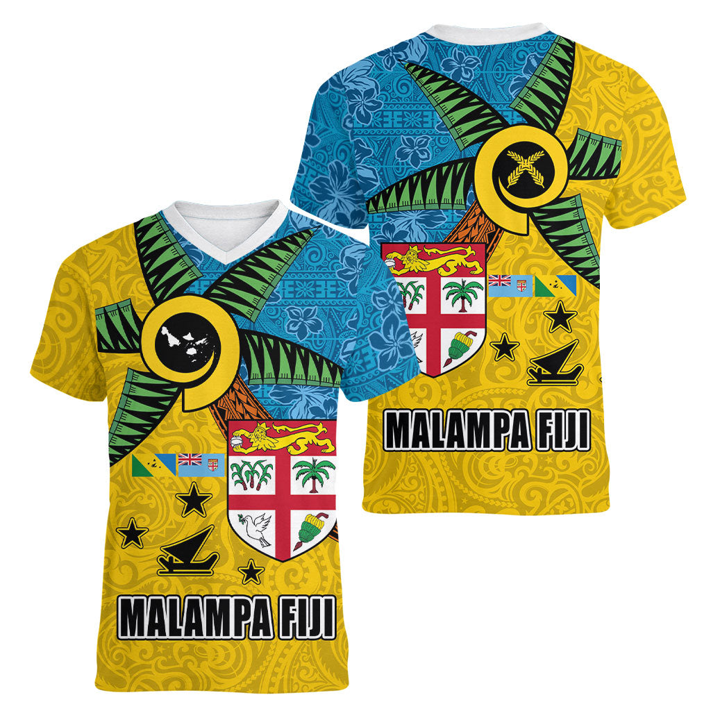 Malampa Fiji Day Women V-Neck T-Shirt Tapa and Melanesian Patterns with Coat of Arms LT03 - Polynesian Pride