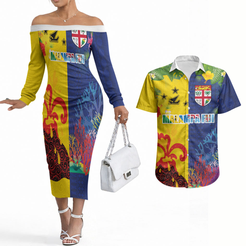 Malampa Fiji Day Couples Matching Off The Shoulder Long Sleeve Dress and Hawaiian Shirt Volcano and Coral Reef with Culture Patterns Split Style LT03 Multicolor - Polynesian Pride