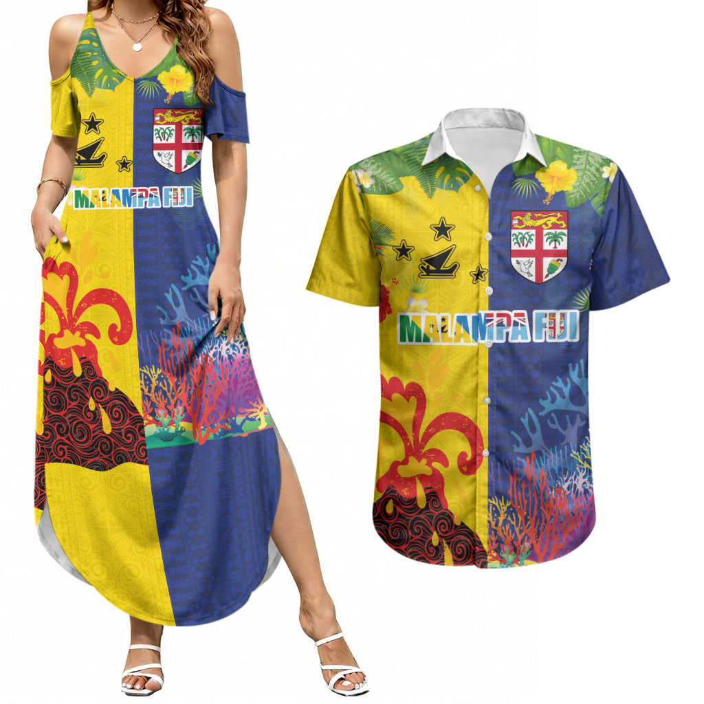 Malampa Fiji Day Couples Matching Summer Maxi Dress and Hawaiian Shirt Volcano and Coral Reef with Culture Patterns Split Style LT03 Multicolor - Polynesian Pride