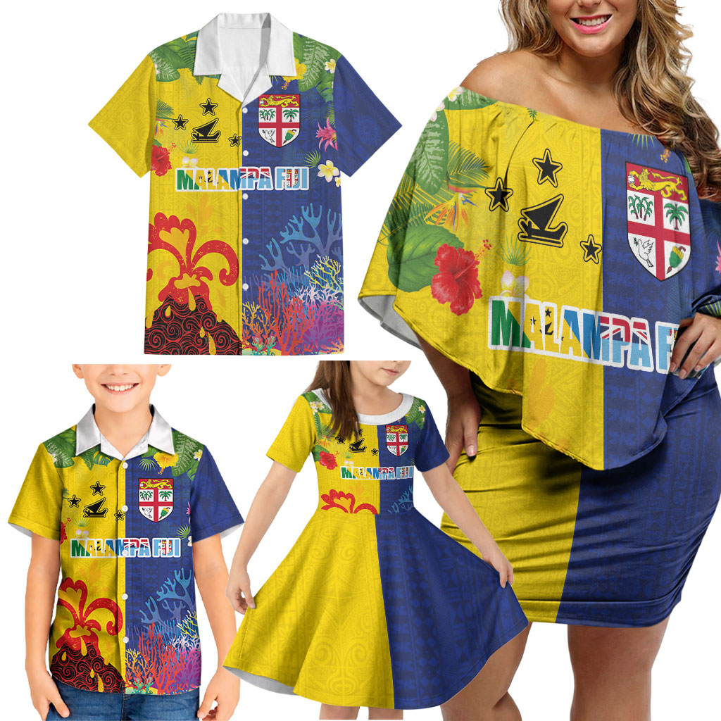Malampa Fiji Day Family Matching Off Shoulder Short Dress and Hawaiian Shirt Volcano and Coral Reef with Culture Patterns Split Style LT03 - Polynesian Pride