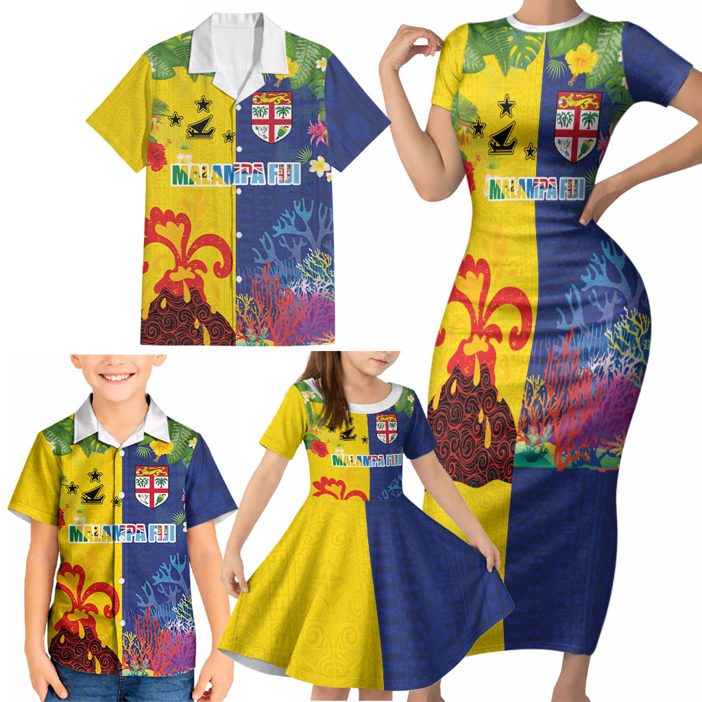 Malampa Fiji Day Family Matching Short Sleeve Bodycon Dress and Hawaiian Shirt Volcano and Coral Reef with Culture Patterns Split Style LT03 - Polynesian Pride