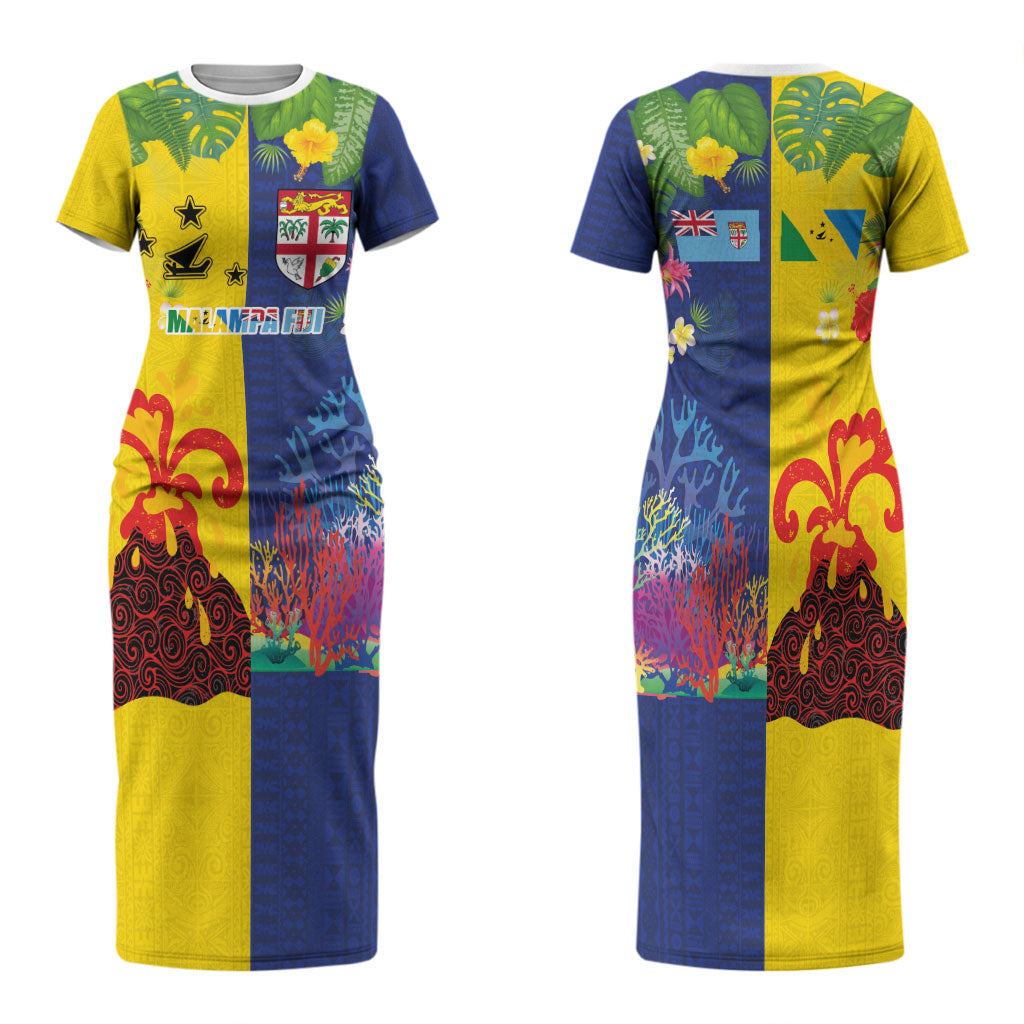 Malampa Fiji Day Family Matching Short Sleeve Bodycon Dress and Hawaiian Shirt Volcano and Coral Reef with Culture Patterns Split Style LT03 Mom's Dress Multicolor - Polynesian Pride