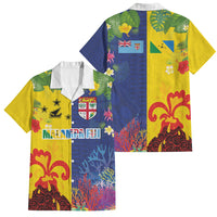 Malampa Fiji Day Family Matching Short Sleeve Bodycon Dress and Hawaiian Shirt Volcano and Coral Reef with Culture Patterns Split Style LT03 Dad's Shirt - Short Sleeve Multicolor - Polynesian Pride