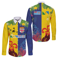 Malampa Fiji Day Family Matching Short Sleeve Bodycon Dress and Hawaiian Shirt Volcano and Coral Reef with Culture Patterns Split Style LT03 Dad's Shirt - Long Sleeve Multicolor - Polynesian Pride