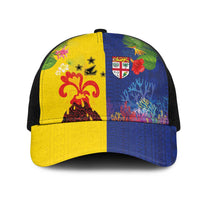 Malampa Fiji Day Mesh Trucker Cap Volcano and Coral Reef with Culture Patterns Split Style LT03 One Size Black Multicolor - Polynesian Pride
